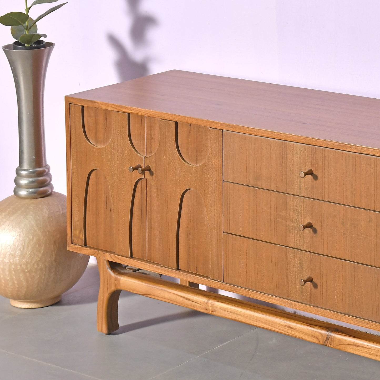 Teak Wood Sideboard with Carved Doors Mid Century Modern Media Console