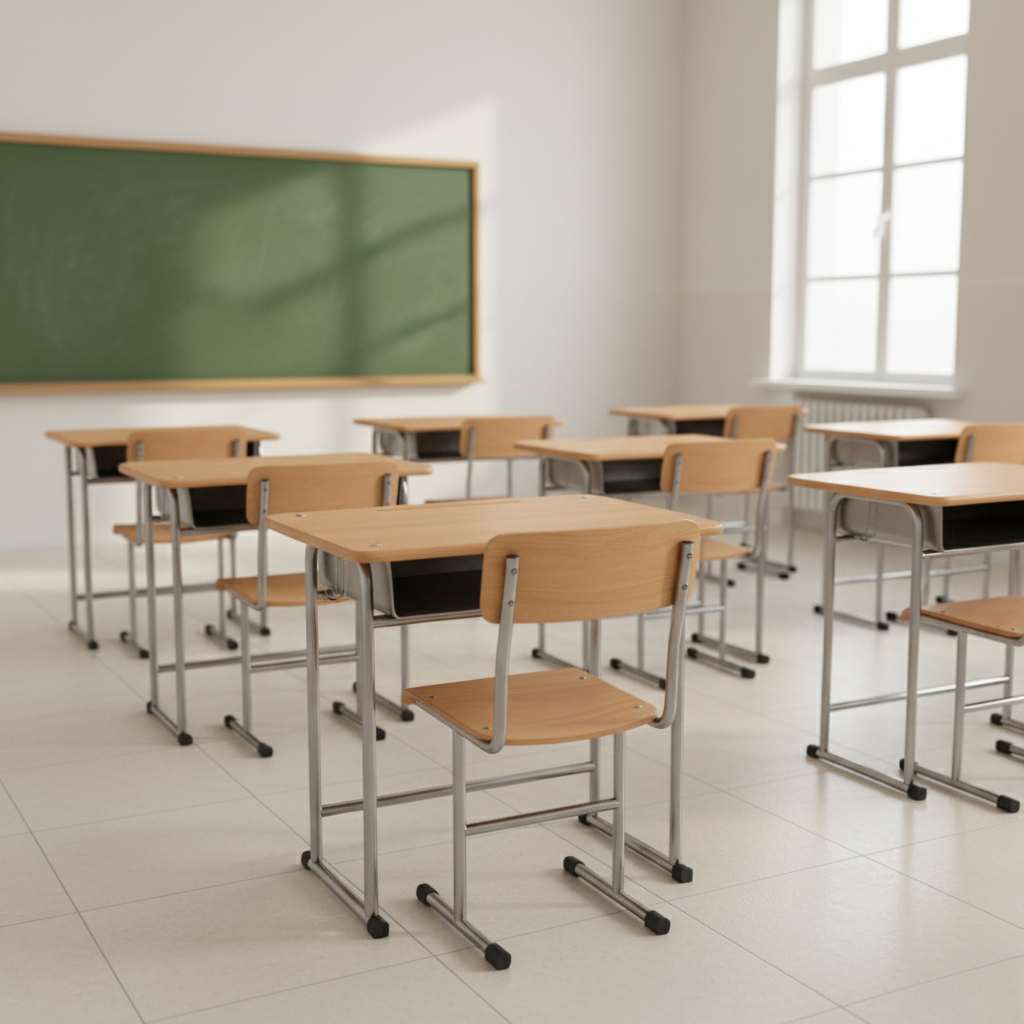 Single Seater Classroom Desk & Chair | Chrome Metal Frame with Wooden Top | SRK Modular Furniture