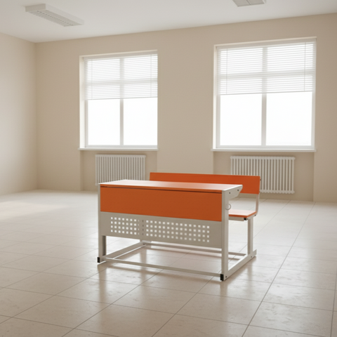 Dual Seater Modern Classroom Desk | Orange & White Metal Frame School Bench | SRK Modular Furniture