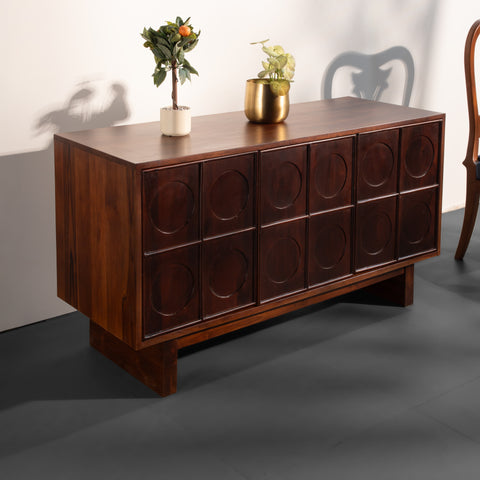 Mid-Century Modern Solid Wood Sideboard | Handcrafted Storage Cabinet with Carved Circle Design – Dark Walnut Finish Buffet