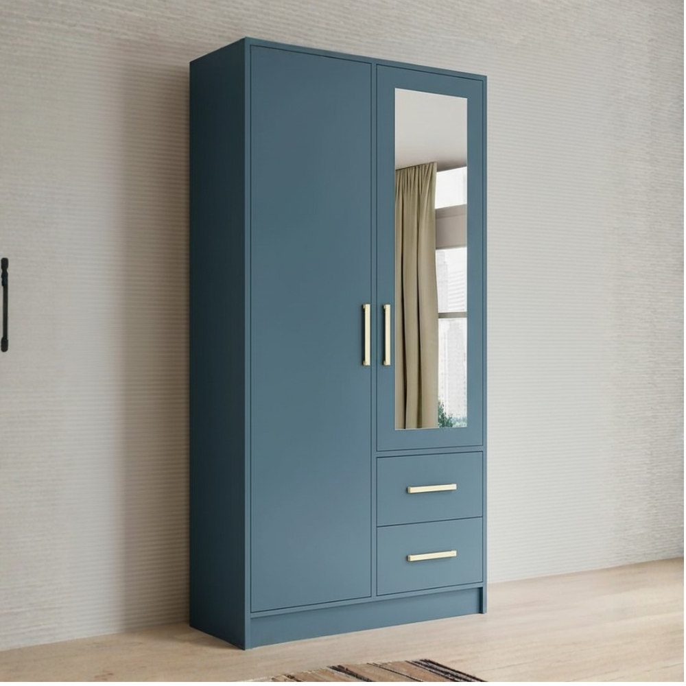 Aveline Compact Wardrobe with Mirror & Drawers | Ocean Blue Matte Finish | SRK Modular Furniture