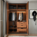 Linea Wardrobe with Drawer Storage & LED Hanging Section | Walnut Wood Finish | SRK Modular Furniture