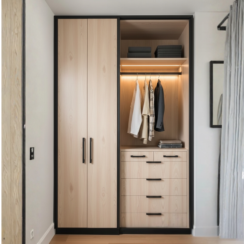 Linea Wardrobe with Drawer Storage & LED Hanging Section | Walnut Wood Finish | SRK Modular Furniture