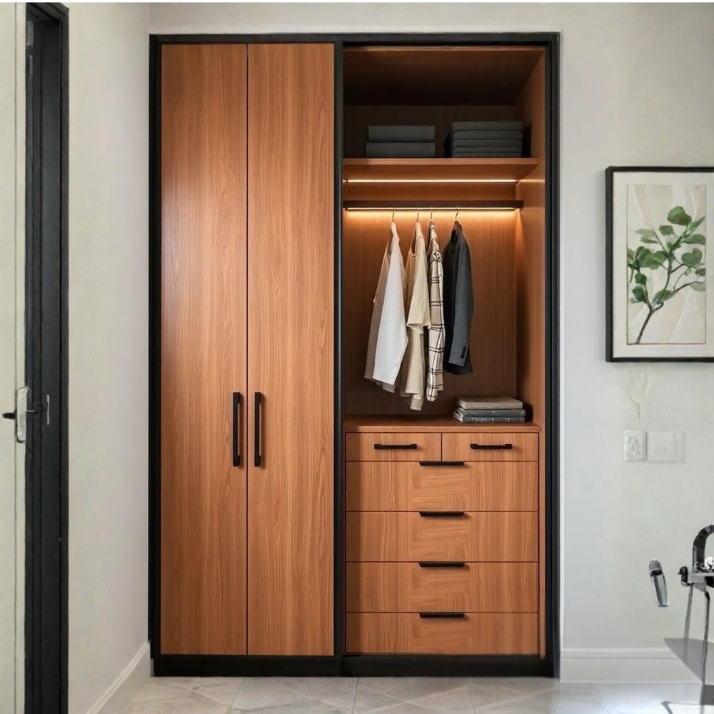 Linea Wardrobe with Drawer Storage & LED Hanging Section | Walnut Wood Finish | SRK Modular Furniture