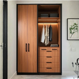 Linea Wardrobe with Drawer Storage & LED Hanging Section | Walnut Wood Finish | SRK Modular Furniture