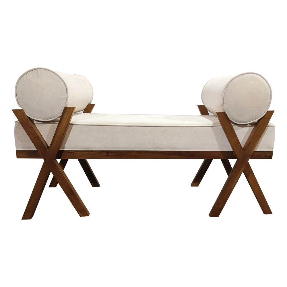 Fabric printed upholstered wooden bench for lounge walnut finish on legs