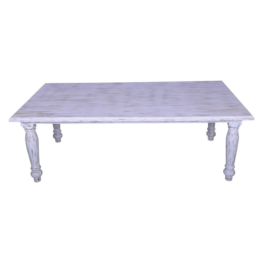 White distressed dining table farm house villa center table in sagwan wood