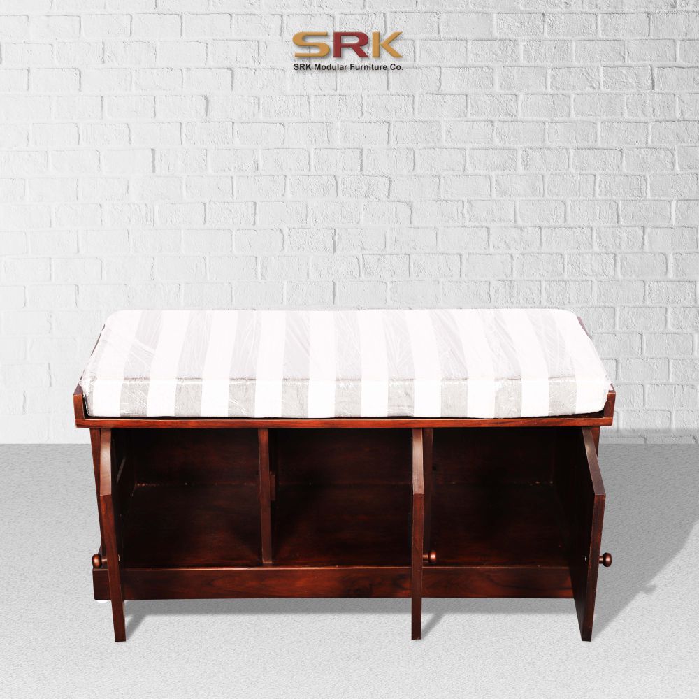 Sagwan Wood Entry Room Cabinet Shoe Rack With Cushion Walnut Finish Storage