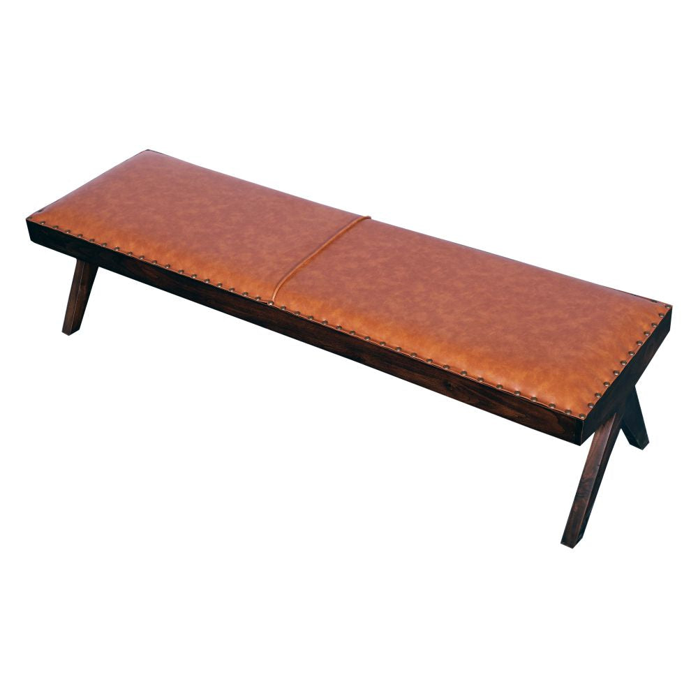 Leather Seating Bench Natural Wood Finish For Living Room
