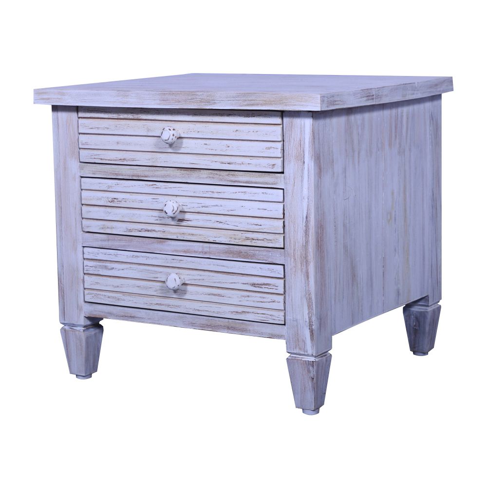 Sagwan wood three drawer antique design Bedside table with white distress