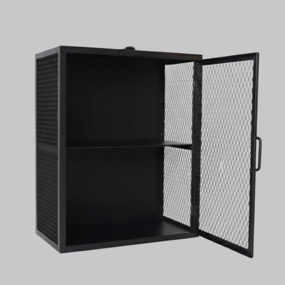 Industrial Metal Mesh Wall Cabinet | Black Steel Wall-Mounted Storage | SRK Modular Furniture