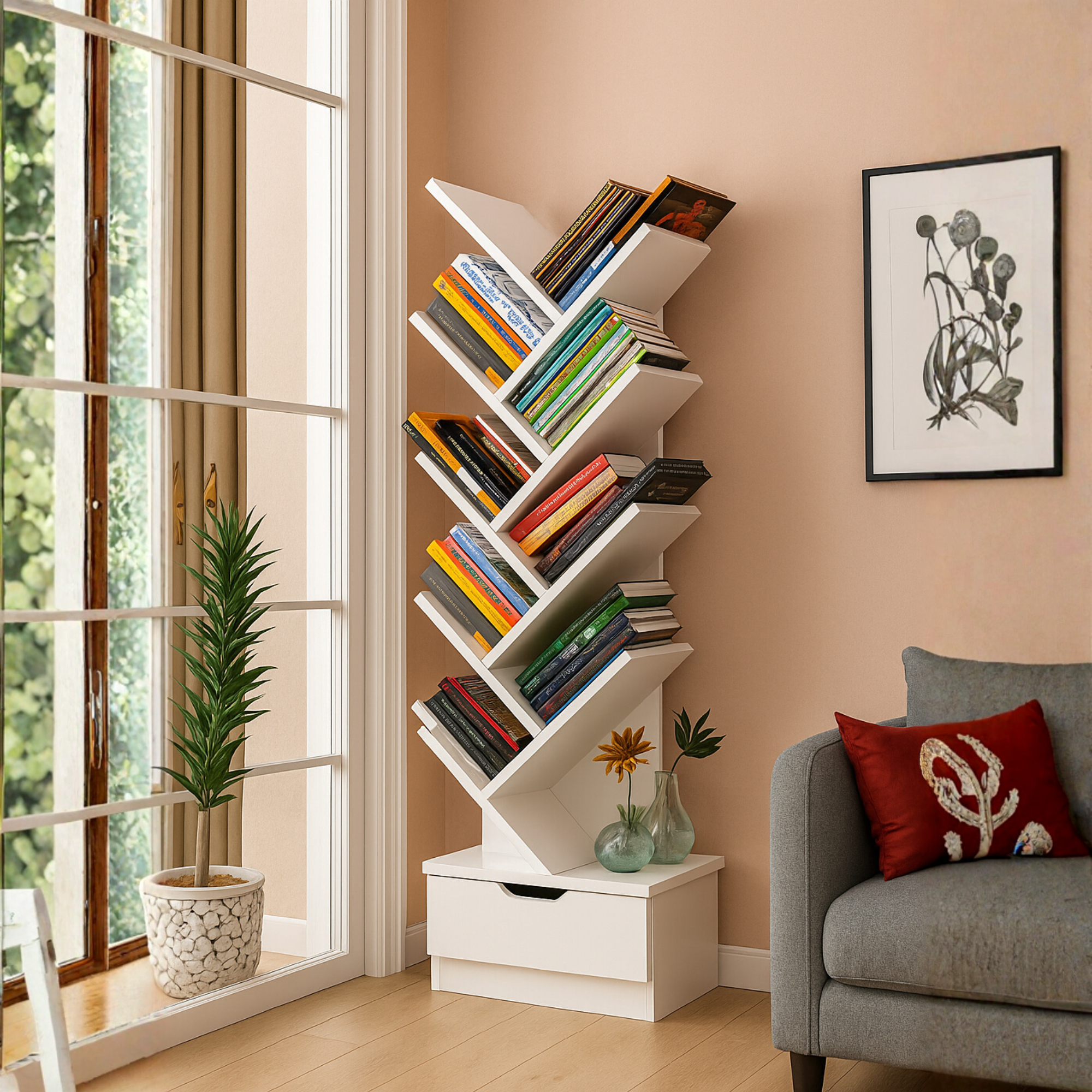 Tree-Style Floor Bookshelf with Drawer | Modern Corner Book Rack