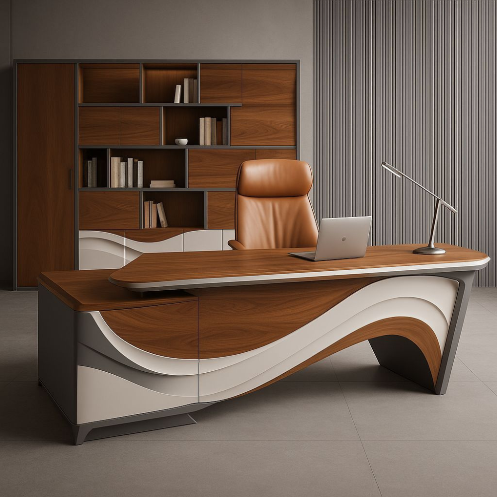 Premium Executive Office Desk | Wave Design Table with Gloss Finish & Storage | SRK Modular Furniture