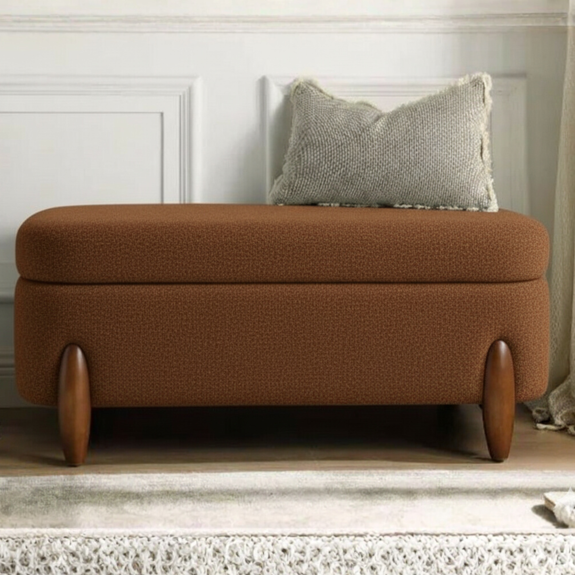 Bouclé Storage Ottoman Bench | Cream Upholstered Seating with Wooden Legs | Theom Living