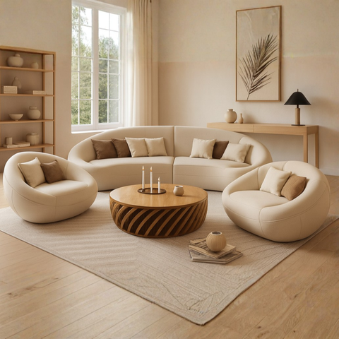 The “Lunara Curve” Sofa Set | Modern Round Lounge Sofa & Armchair Collection in Cream Beige