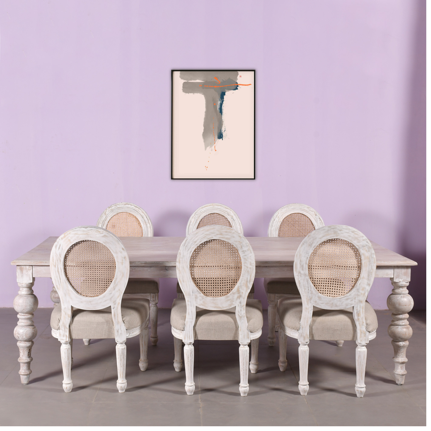 Elegant Distressed Wood Dining Table with Cane Back Chairs 6 Seater Set