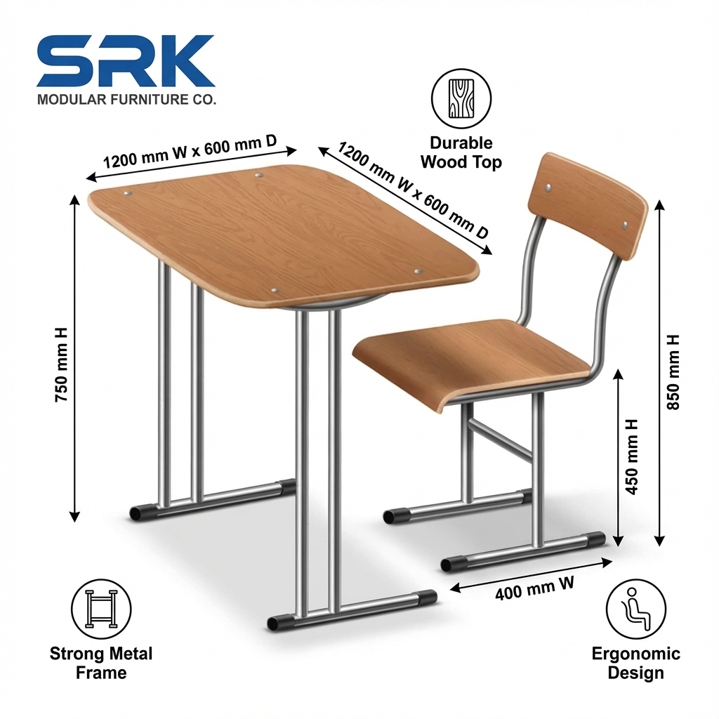 Single Seater Classroom Desk & Chair | Chrome Metal Frame with Wooden Top | SRK Modular Furniture