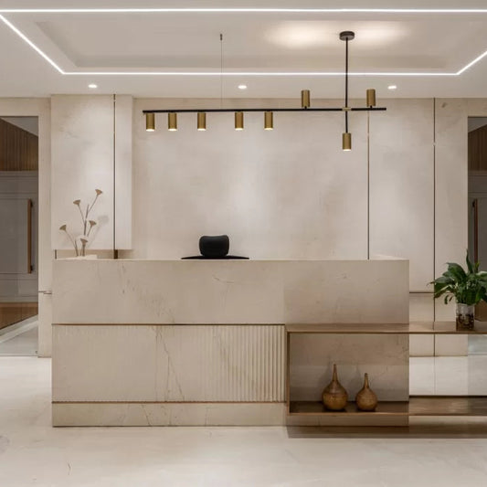 Luxury Reception Counter – Cream Marble Finish with Brass Detailing | SRK Modular Furniture Co.