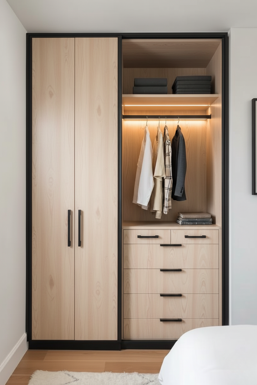 Linea Wardrobe with Drawer Storage & LED Hanging Section | Walnut Wood Finish | SRK Modular Furniture