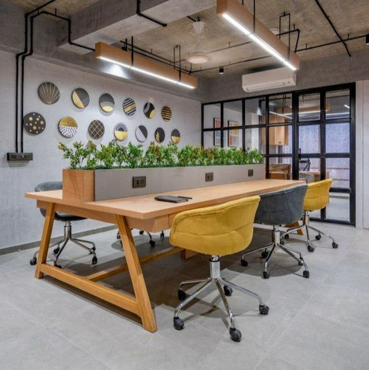 Designer Collaborative Workstation Table – Natural Oak Frame with Planter Divider | SRK Modular Furniture Co.