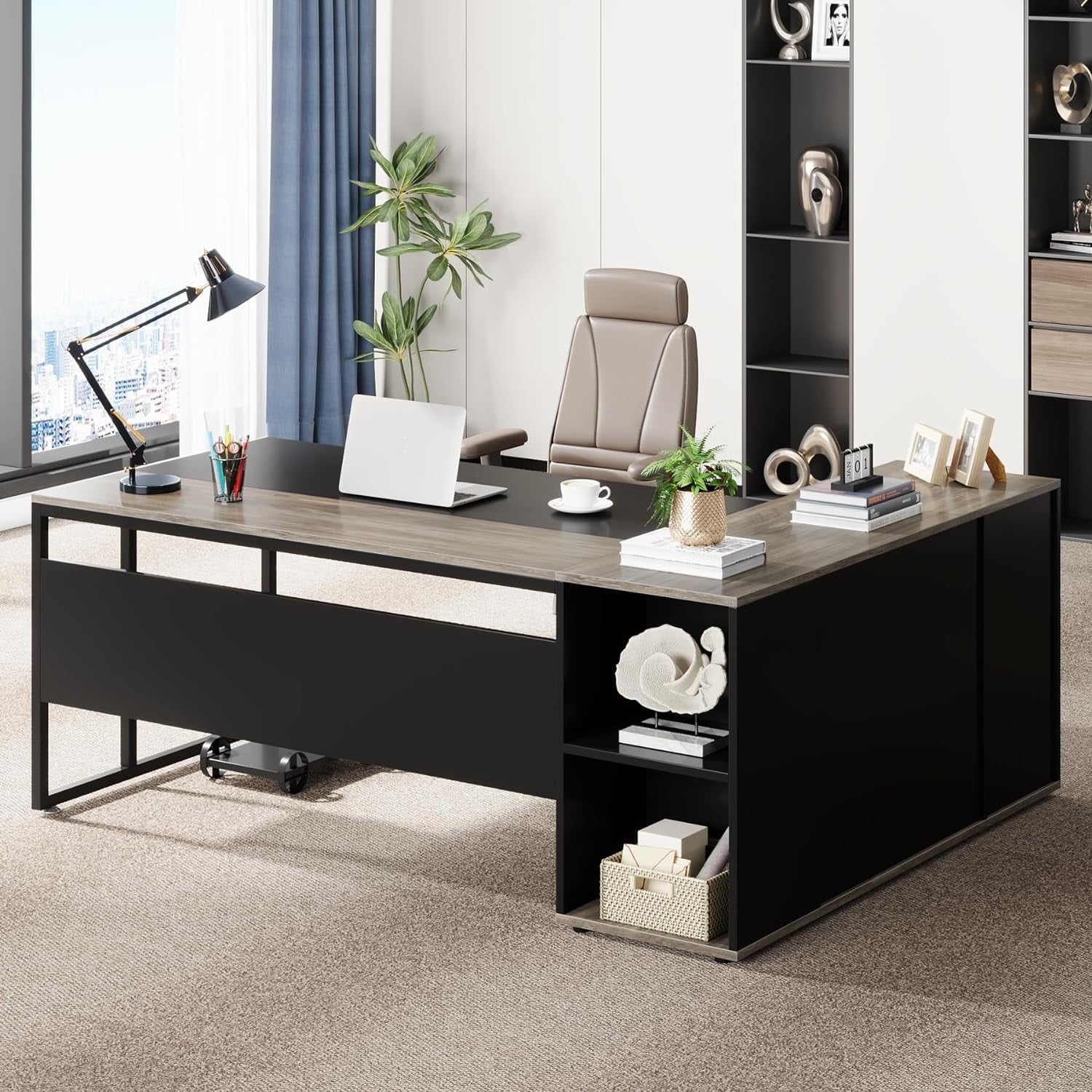 Executive Office Desk with Open Storage – Black & Ash Finish | SRK Modular Furniture Co.
