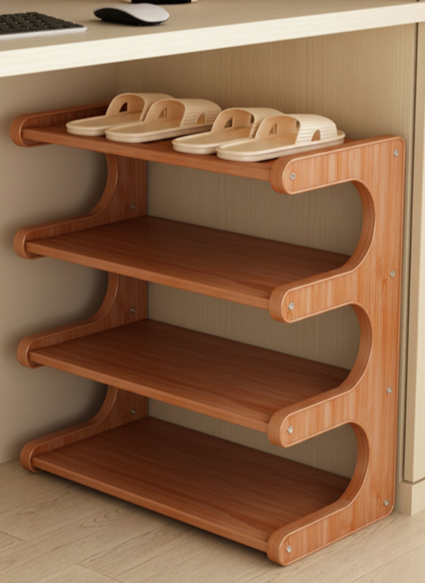 Compact 3-Tier Wooden Shoe Rack | Natural Finish Footwear Organizer | Theom Living