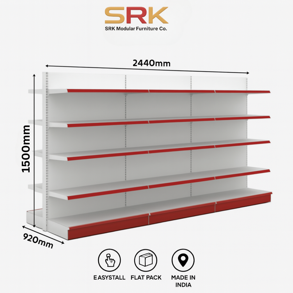 Double-Sided Supermarket Display Rack | 5-Tier Green Gondola Shelving Unit | SRK Modular Furniture