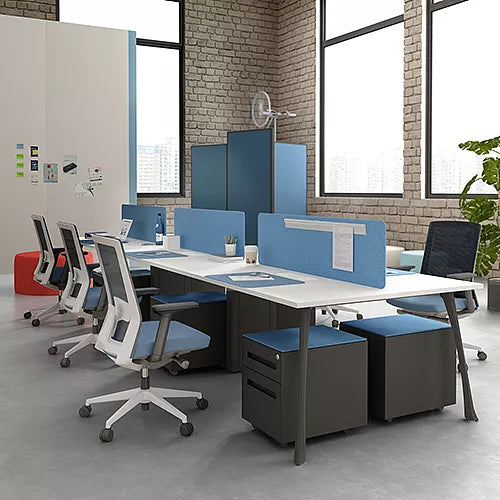 6-Seater Modular Office Workstation – White, Grey & Blue Fabric Panels | SRK Modular Furniture Co.