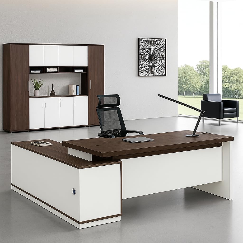 Modern Executive L-Shaped Office Desk – Dual Tone White & Walnut | SRK Modular Furniture Co.