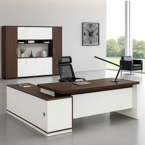 Modern Executive L-Shaped Office Desk – Dual Tone White & Walnut | SRK Modular Furniture Co.