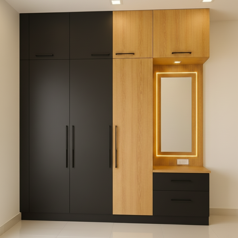 Luminex Modular Wardrobe with Dressing Mirror | Matte Black & Natural Oak Finish | SRK Modular Furniture