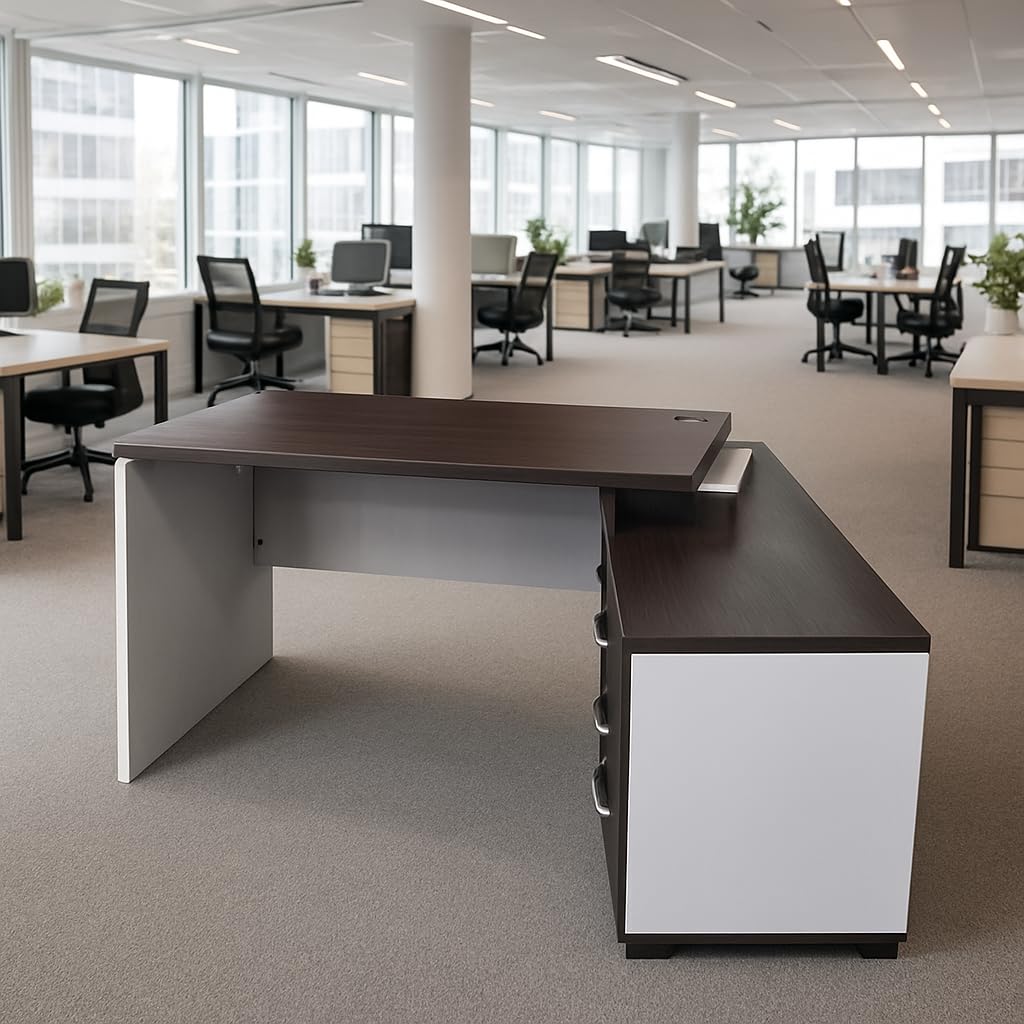 Modern Executive L-Shaped Office Desk – Dual Tone White & Walnut | SRK Modular Furniture Co.