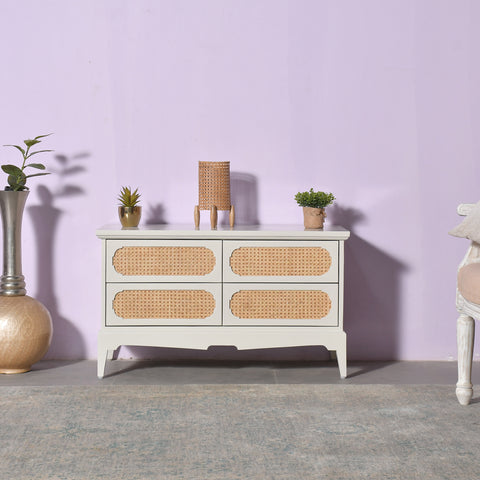 Elegant White Dresser with Cane Panel Drawers 4 Drawer Storage Chest