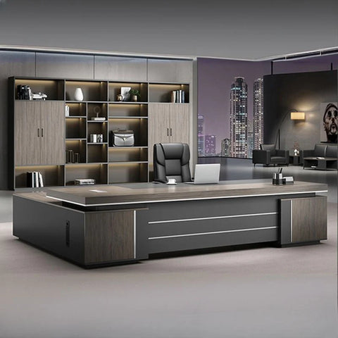 Premium Executive Office Desk – Grey Oak & Graphite Finish with LED Back Unit | SRK Modular Furniture Co.