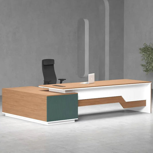 Executive L-Shaped Office Desk – Oak, White & Teal Accent | SRK Modular Furniture Co.