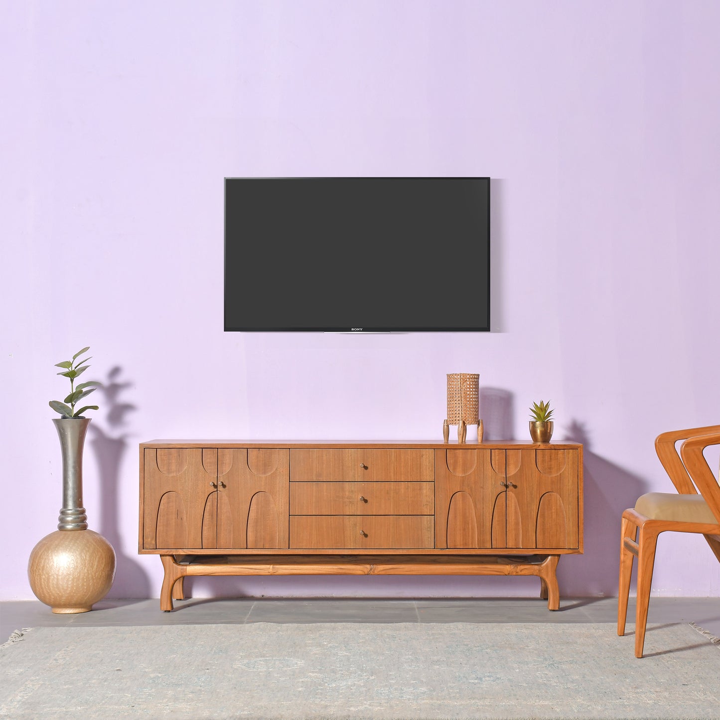 Teak Wood Sideboard with Carved Doors Mid Century Modern Media Console