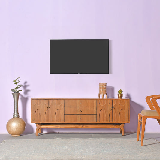 Teak Wood Sideboard with Carved Doors Mid Century Modern Media Console