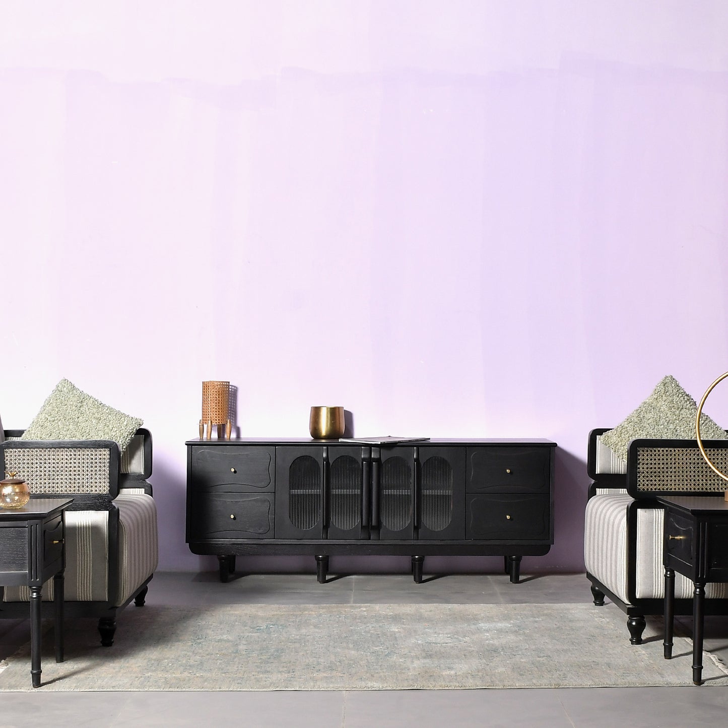 Modern Black Console Cabinet with Reeded Glass Doors  Media Storage