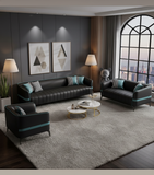 The “Ebon Luxe” Leather Sofa Set | Premium 3+2+1 Seater in Black with Teal Accents