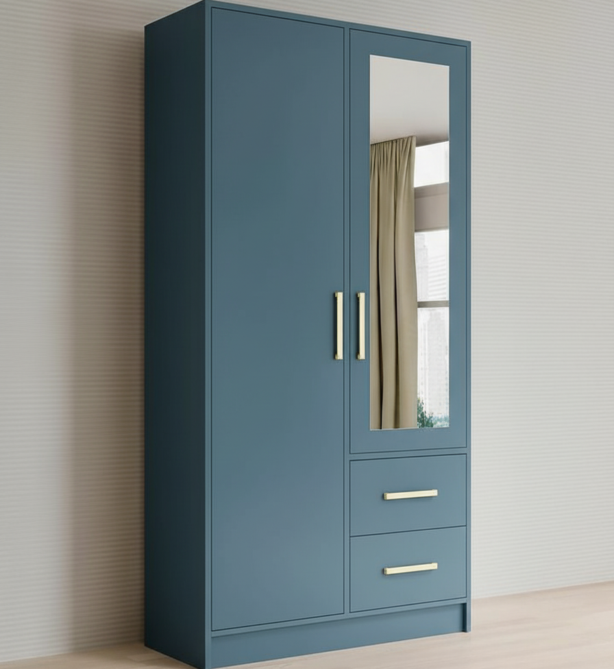 Aveline Compact Wardrobe with Mirror & Drawers | Ocean Blue Matte Finish | SRK Modular Furniture