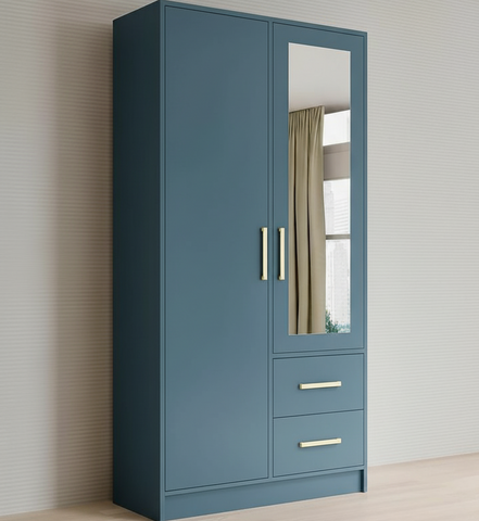 Aveline Compact Wardrobe with Mirror & Drawers | Ocean Blue Matte Finish | SRK Modular Furniture
