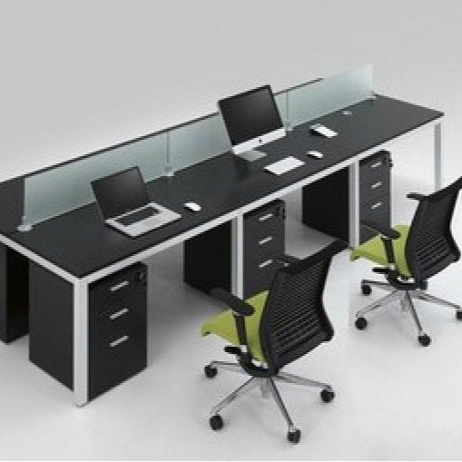 4-Seater Linear Modular Workstation – Black & Silver Frame with Frosted Glass Partition | SRK Modular Furniture Co.