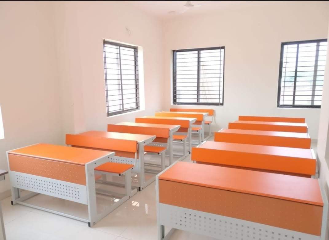 Dual Seater Modern Classroom Desk | Orange & White Metal Frame School Bench | SRK Modular Furniture