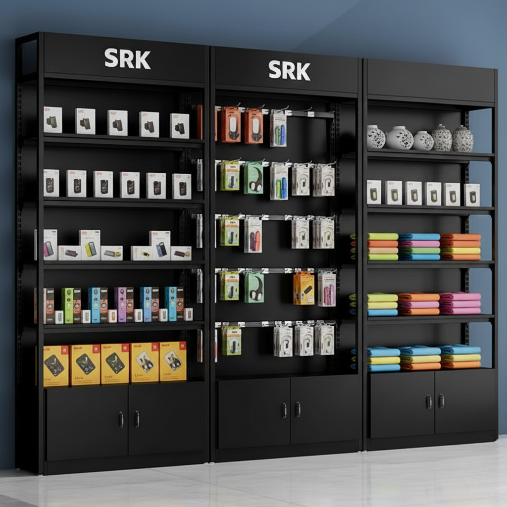SRK Premium Black Display Rack System | Modular Retail & Showroom Shelving Unit | SRK Modular Furniture