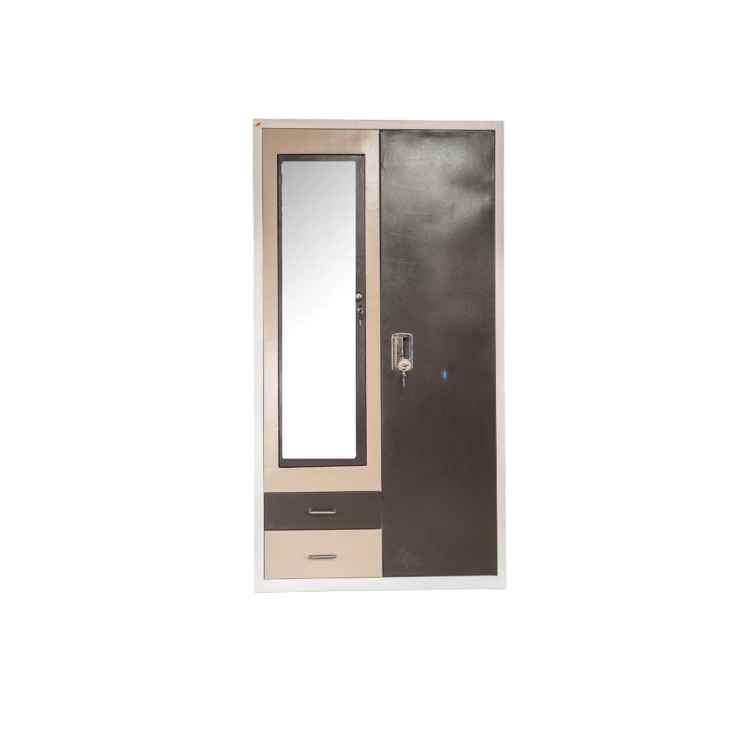 2-Door Metal Almirah with Mirror | Dual-Tone Brown & Beige Steel Locker | SRK Modular Furniture