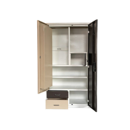 2-Door Metal Almirah with Mirror | Dual-Tone Brown & Beige Steel Locker | SRK Modular Furniture