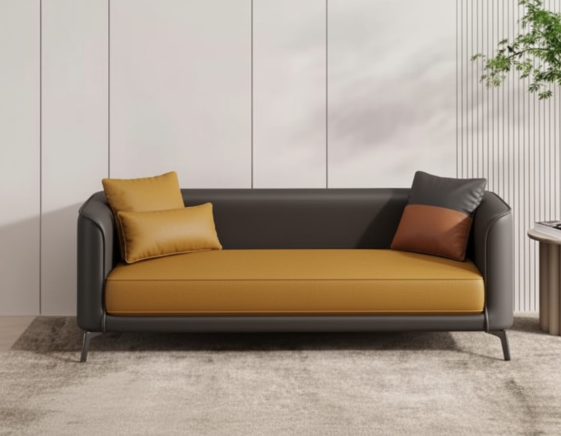 Vittoro Fusion Sofa | Tan Leather & Checkered Fabric Designer Sofa | Theom Living