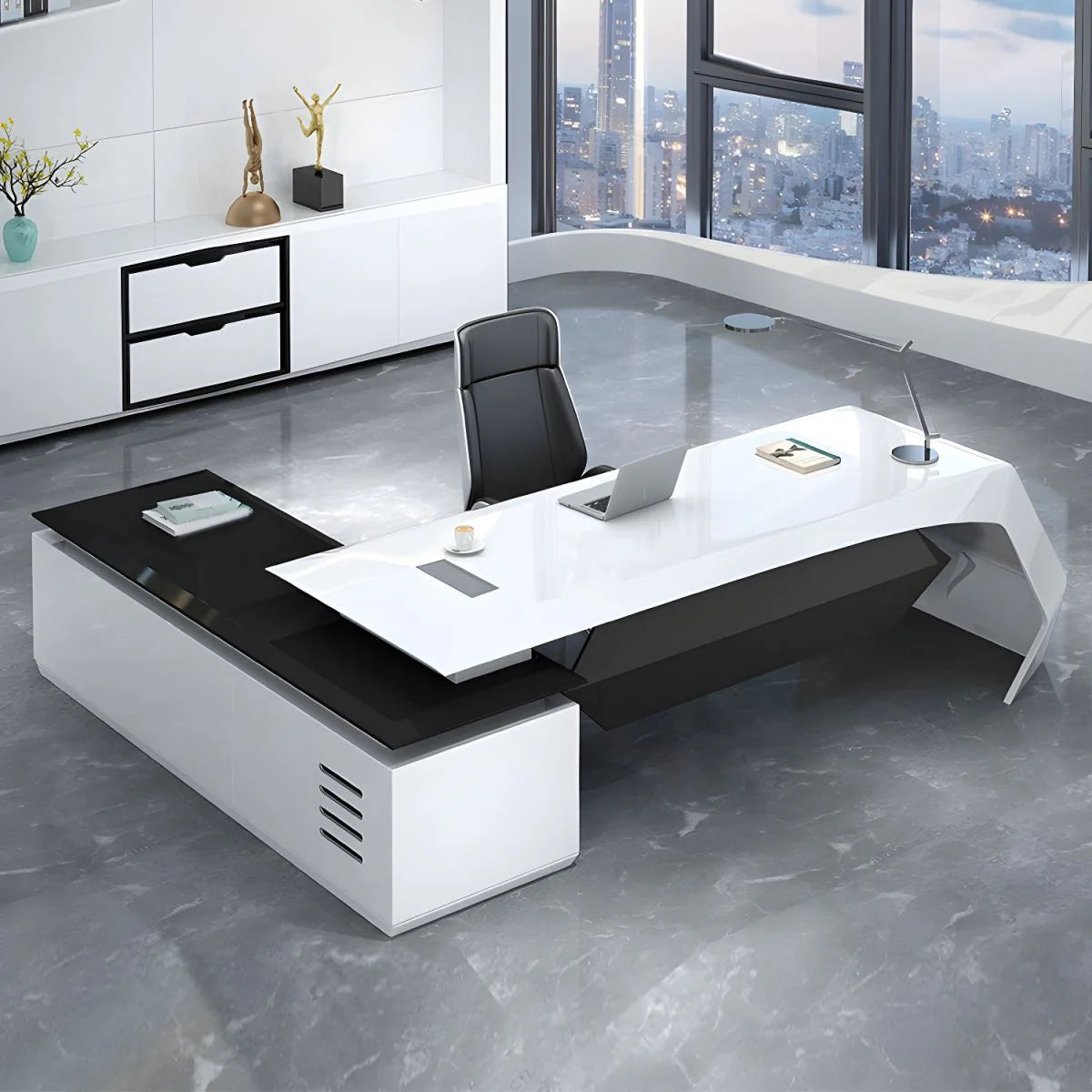 Futuristic Executive Office Desk – High Gloss White & Graphite Accents | SRK Modular Furniture Co.