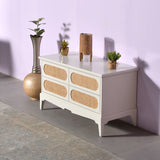 Elegant White Dresser with Cane Panel Drawers 4 Drawer Storage Chest