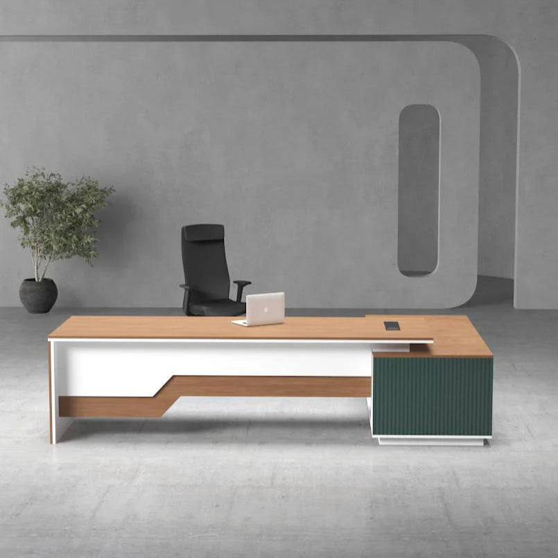 Executive L-Shaped Office Desk – Oak, White & Teal Accent | SRK Modular Furniture Co.